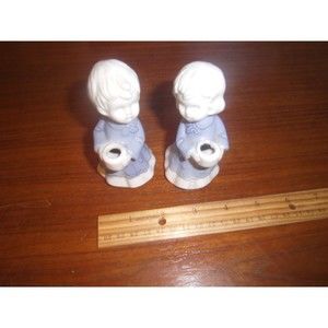 Blue and White Porcelain Boy and Girl Candle Holders, Vintage, 4 inches tall